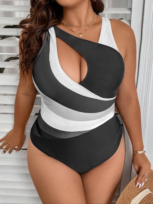 Plus Size Back To School Colorblock Striped Print Cut Out Backless Swimsuit, Casual Adjustable Strap Sleeveless Swimwear for Summer, Bathing Suits Women, Women's Swimsuit for Beach Holiday