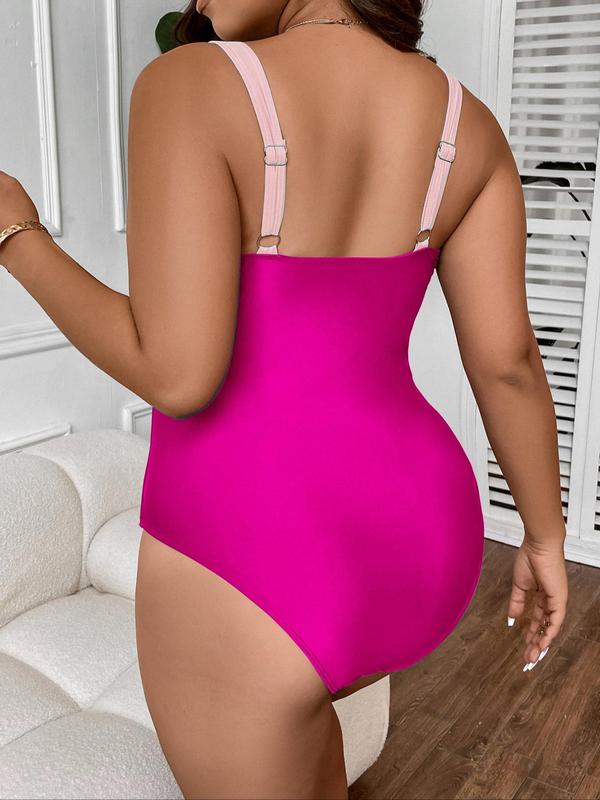 Plus Size Back To School Colorblock Striped Print Cut Out Backless Swimsuit, Casual Adjustable Strap Sleeveless Swimwear for Summer, Bathing Suits Women, Women's Swimsuit for Beach Holiday