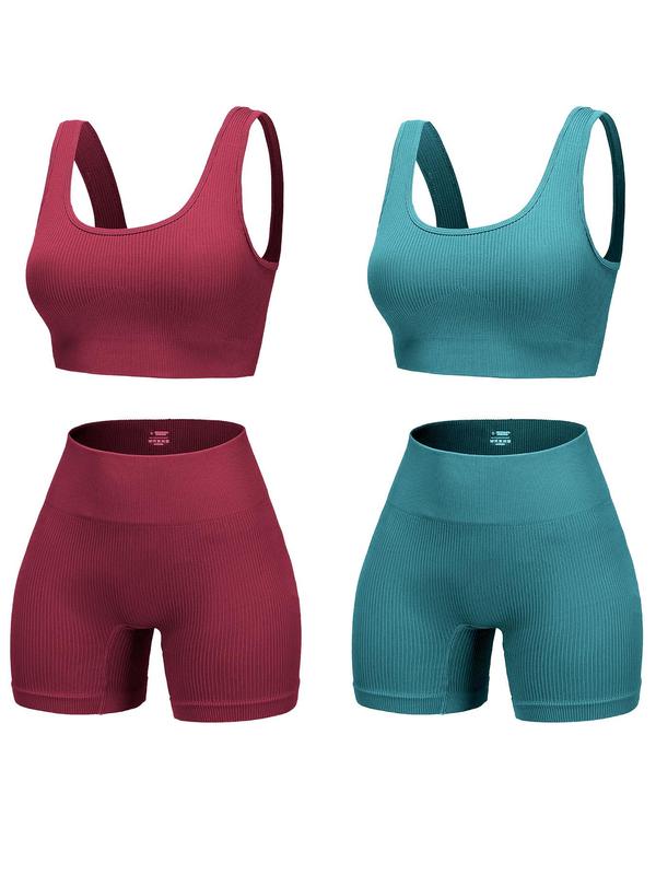 Women's Solid Scoop Neck Crop Sports Top & High Waist Shorts Sports Set, Breathable Comfortable Two-piece Outfits for Yoga Gym Workout Running, Ladies Sportswear for All Seasons