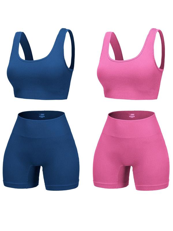 Women's Solid Scoop Neck Crop Sports Top & High Waist Shorts Sports Set, Breathable Comfortable Two-piece Outfits for Yoga Gym Workout Running, Ladies Sportswear for All Seasons