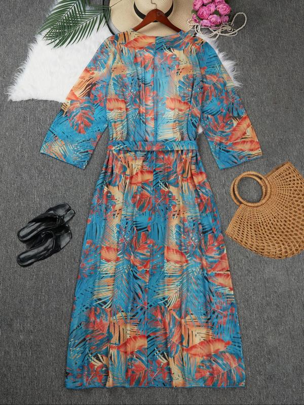 Plus Size Tropical Print Belted Cover Up Dress, Boho Flounce Sleeve Long Sleeve Cover Up Dress for Beach Holiday Vacation, Women's Swimwear for All Seasons