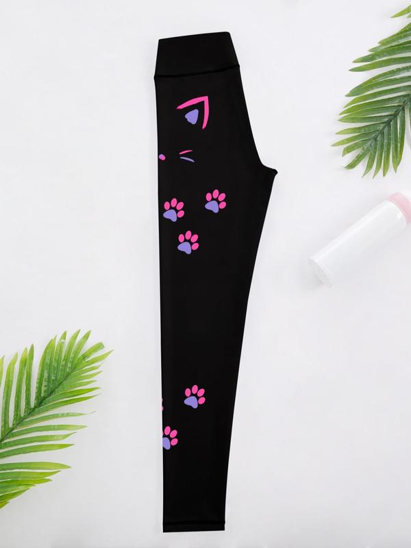 Women's Cartoon Cat & Paw Print High Waist Sports Leggings, Casual Comfy Breathable Sport Skinny Pants for Yoga Gym Workout Running, Ladies Sportswear for All Seasons