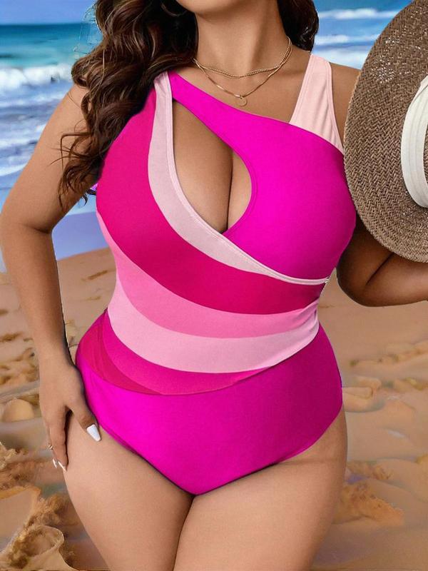 Plus Size Back To School Colorblock Striped Print Cut Out Backless Swimsuit, Casual Adjustable Strap Sleeveless Swimwear for Summer, Bathing Suits Women, Women's Swimsuit for Beach Holiday