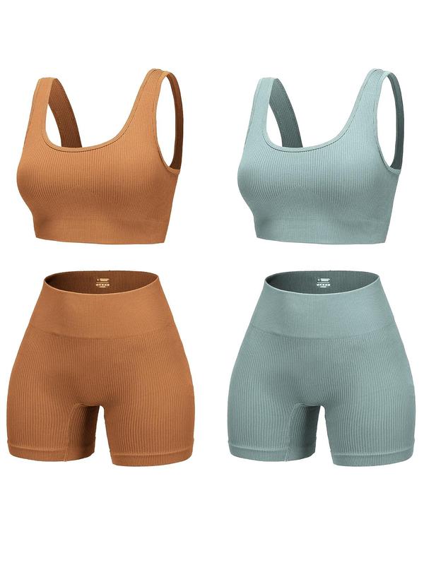 Women's Solid Scoop Neck Crop Sports Top & High Waist Shorts Sports Set, Breathable Comfortable Two-piece Outfits for Yoga Gym Workout Running, Ladies Sportswear for All Seasons