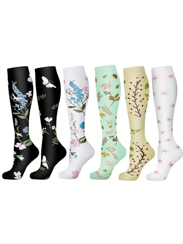 Women's Floral & Leaf Print Compression Socks, Non-slip Shock-absorbing Sports Socks for Hiking, Yoga, Running & Fitness, High Stretch Casual Long Socks