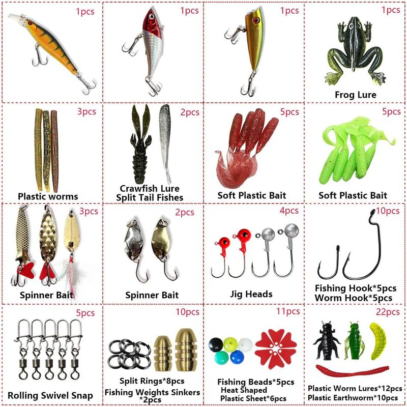 Fishing Lures Kit Set, Baits Tackle Including Crankbaits, Topwater Lures, Spinnerbaits, Worms, Jigs, Hooks, Tackle Box and More Fishing Gear Lures for Bass Trout