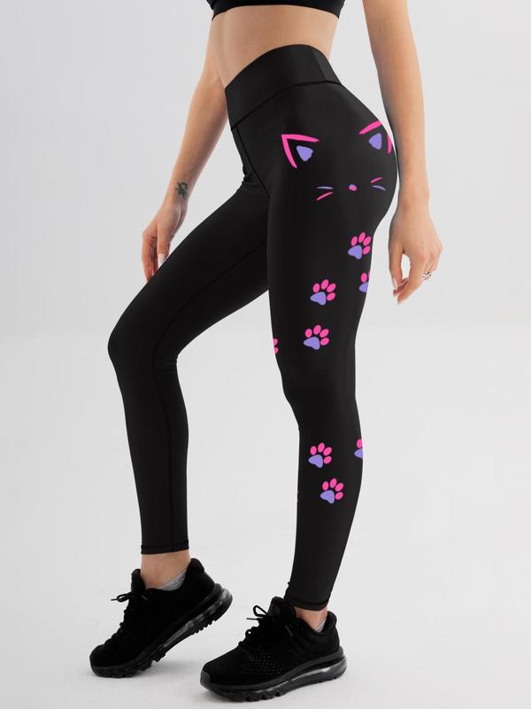 Women's Cartoon Cat & Paw Print High Waist Sports Leggings, Casual Comfy Breathable Sport Skinny Pants for Yoga Gym Workout Running, Ladies Sportswear for All Seasons