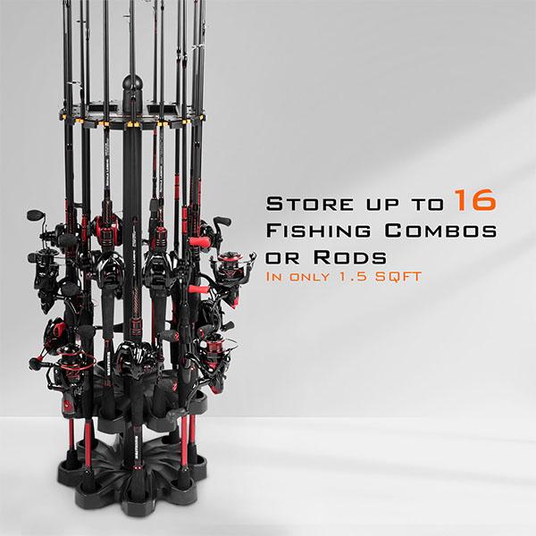 KastKing V16 Fishing Rod Rack With Rotating Base- Fishing Pole Rack Holds Up to 16 Fishing Rods or Combos, Lightweight and Durable ABS Construction, Space-Saving Fishing Rod Holders for Garage