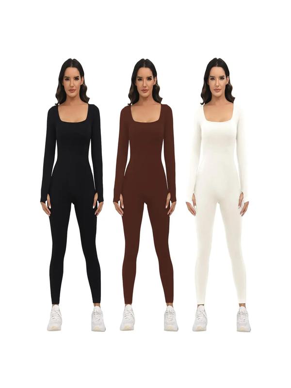 Women's Solid Thumb Holes Long Sleeve Sports Skinny Jumpsuit, Comfy Breathable Scoop Neck Tight Sleeve Sports Jumpsuit For Yoga Gym Workout, Ladies Sportswear Clothing For Spring & Fall & Winter