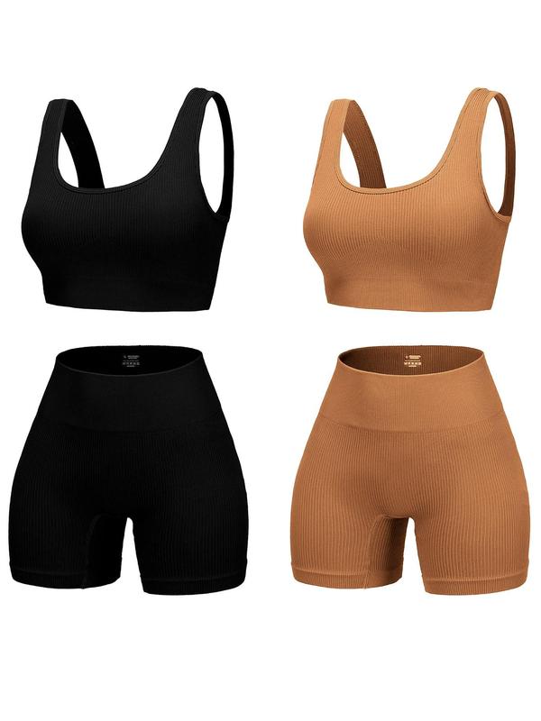 Women's Solid Scoop Neck Crop Sports Top & High Waist Shorts Sports Set, Breathable Comfortable Two-piece Outfits for Yoga Gym Workout Running, Ladies Sportswear for All Seasons