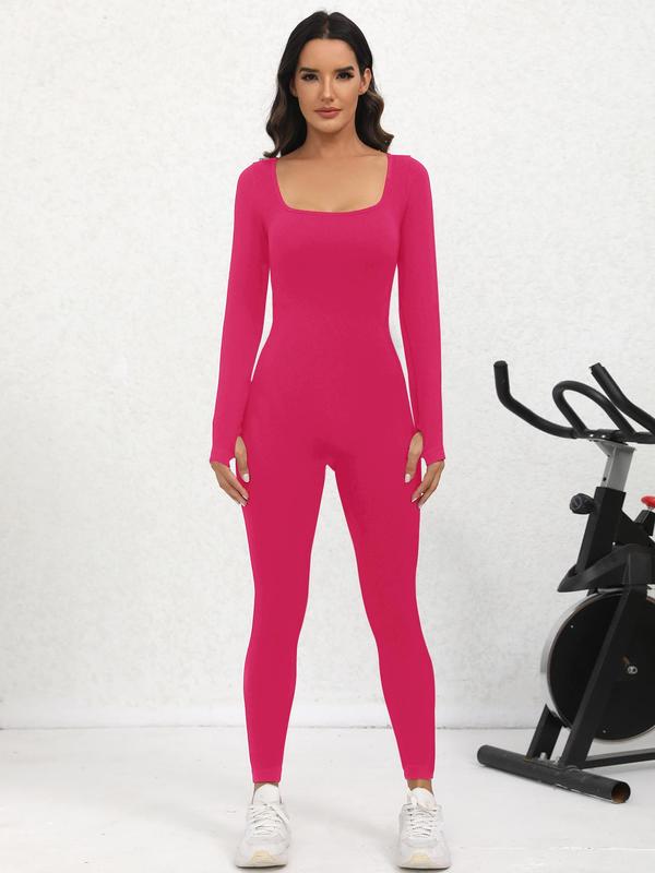 Women's Solid Thumb Holes Long Sleeve Sports Skinny Jumpsuit, Comfy Breathable Scoop Neck Tight Sleeve Sports Jumpsuit For Yoga Gym Workout, Ladies Sportswear Clothing For Spring & Fall & Winter