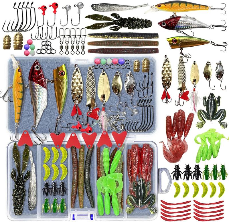 Fishing Lures Kit Set, Baits Tackle Including Crankbaits, Topwater Lures, Spinnerbaits, Worms, Jigs, Hooks, Tackle Box and More Fishing Gear Lures for Bass Trout