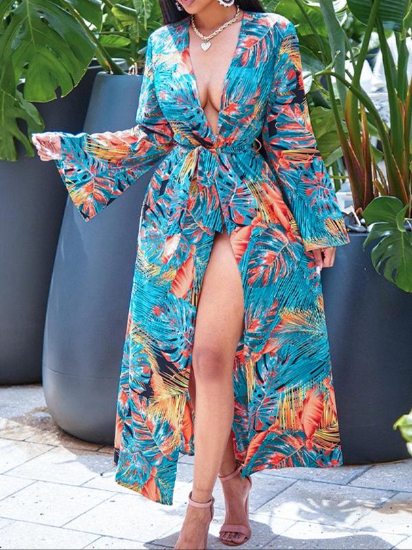 Plus Size Tropical Print Belted Cover Up Dress, Boho Flounce Sleeve Long Sleeve Cover Up Dress for Beach Holiday Vacation, Women's Swimwear for All Seasons