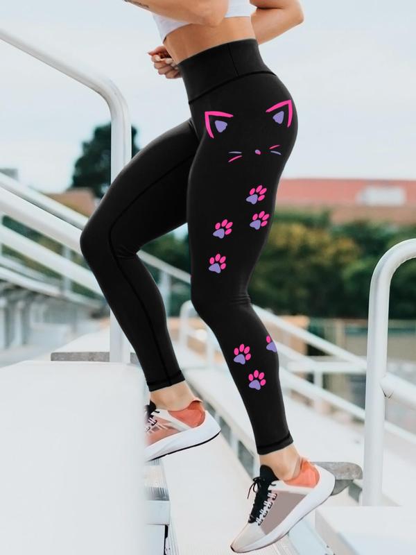 Women's Cartoon Cat & Paw Print High Waist Sports Leggings, Casual Comfy Breathable Sport Skinny Pants for Yoga Gym Workout Running, Ladies Sportswear for All Seasons