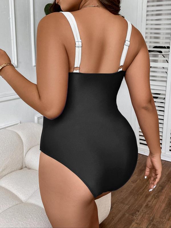 Plus Size Back To School Colorblock Striped Print Cut Out Backless Swimsuit, Casual Adjustable Strap Sleeveless Swimwear for Summer, Bathing Suits Women, Women's Swimsuit for Beach Holiday