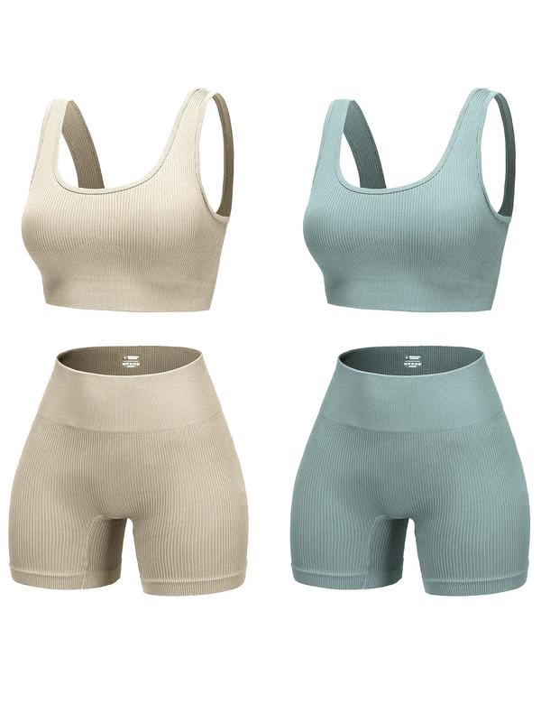 Women's Solid Scoop Neck Crop Sports Top & High Waist Shorts Sports Set, Breathable Comfortable Two-piece Outfits for Yoga Gym Workout Running, Ladies Sportswear for All Seasons