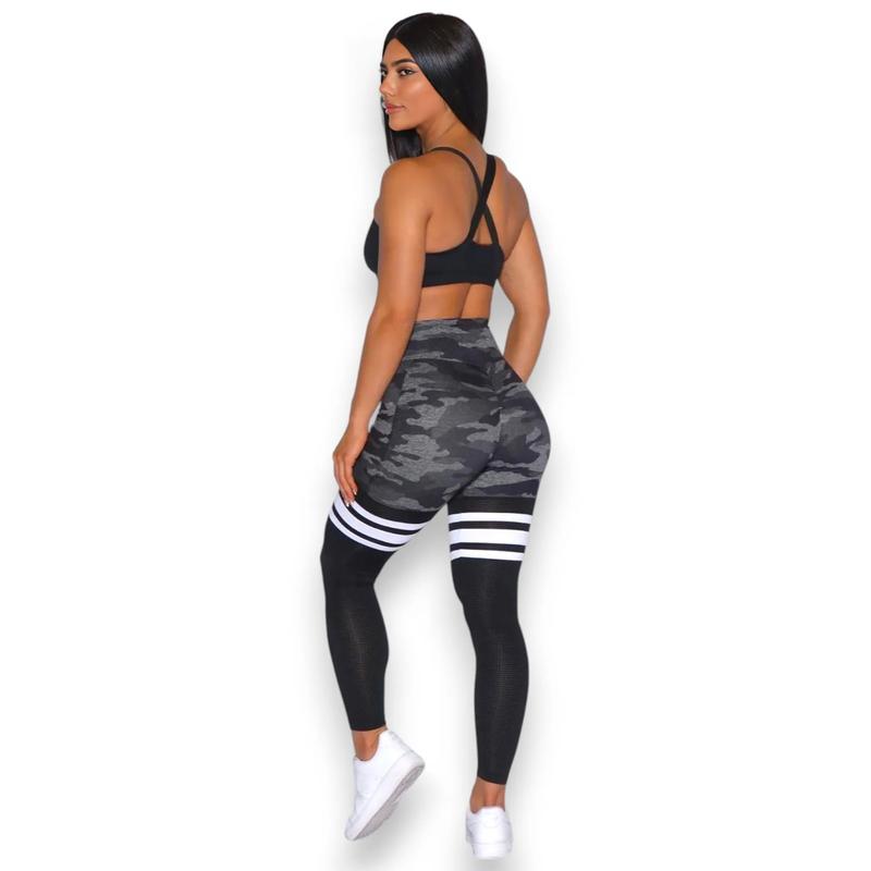 Women's Striped Camo Ruched Print Seamless Scrunch Waist Yoga Leggings, V-Waist Butt Lifting, Solid High Waist Tummy Control Compression Pants, Indoor & Outdoor Fitness Sportswear