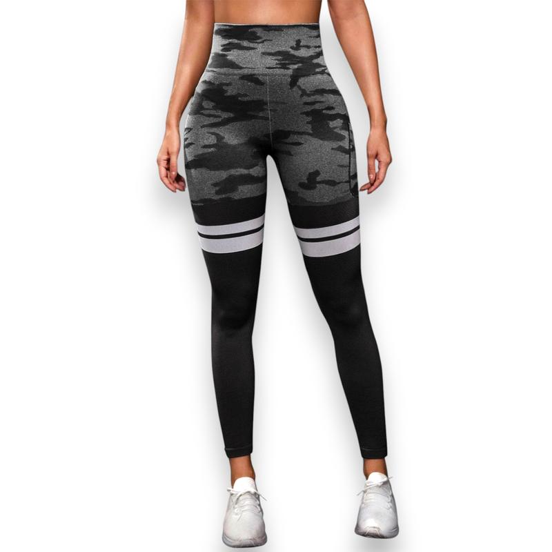 Women's Striped Camo Ruched Print Seamless Scrunch Waist Yoga Leggings, V-Waist Butt Lifting, Solid High Waist Tummy Control Compression Pants, Indoor & Outdoor Fitness Sportswear