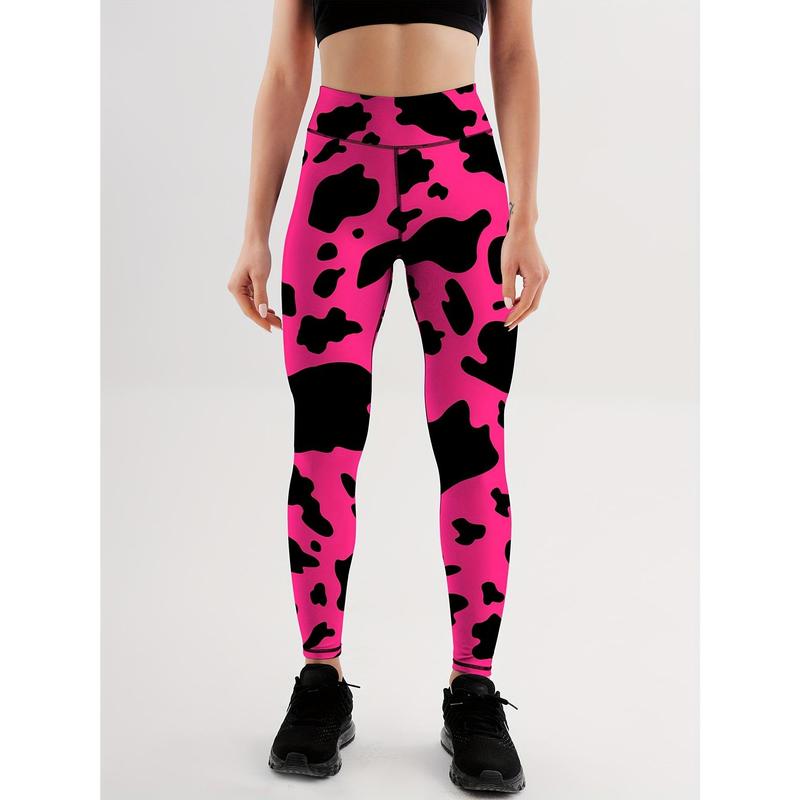 Fashion Cow Print High Waist Yoga Leggings, Slim Fit Workout Gym Sports Pants, Women's Activewear