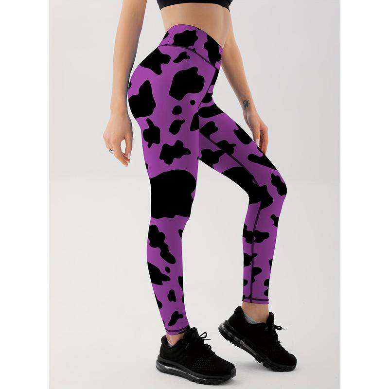 Fashion Cow Print High Waist Yoga Leggings, Slim Fit Workout Gym Sports Pants, Women's Activewear