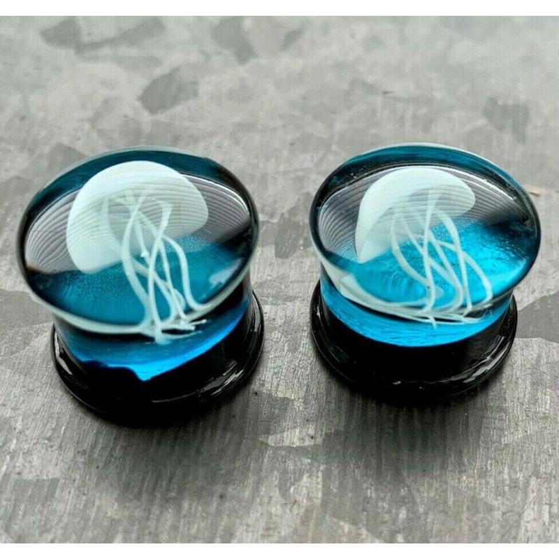 PAIR of Stunning Floating Jellyfish Design Pyrex Glass Double Flare Plugs -Gauges 0g (8mm) through 1