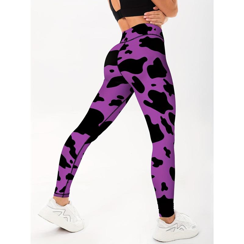 Fashion Cow Print High Waist Yoga Leggings, Slim Fit Workout Gym Sports Pants, Women's Activewear