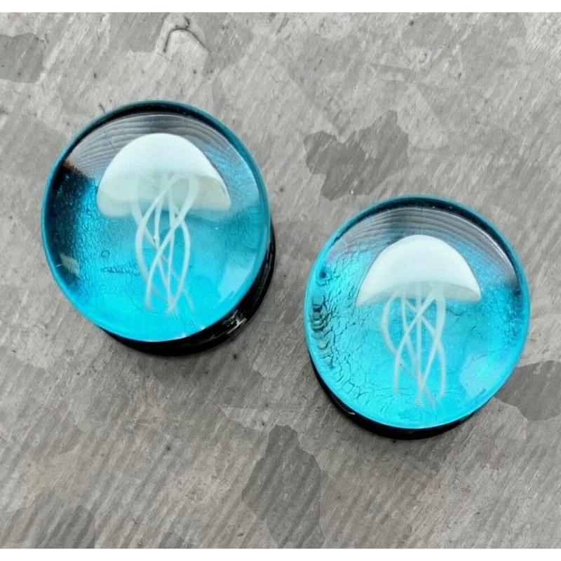 PAIR of Stunning Floating Jellyfish Design Pyrex Glass Double Flare Plugs -Gauges 0g (8mm) through 1