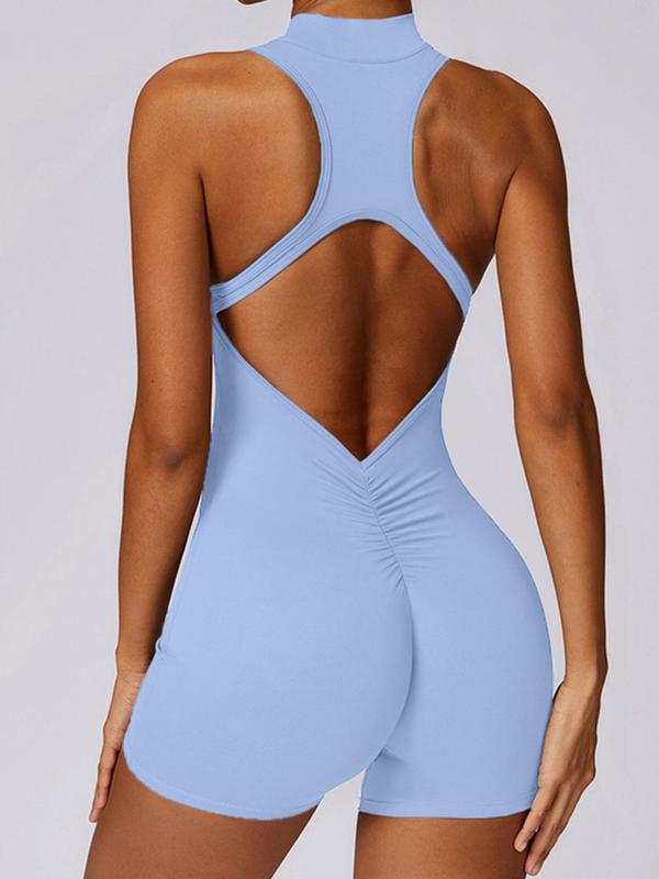 Sporty Women's Plain Cut Out Ruched Mock Neck Sports Romper, Sporty Sleeveless Half Zipper Bodycon Romper for Yoga Gym Workout, Ladies Summer Sportswear