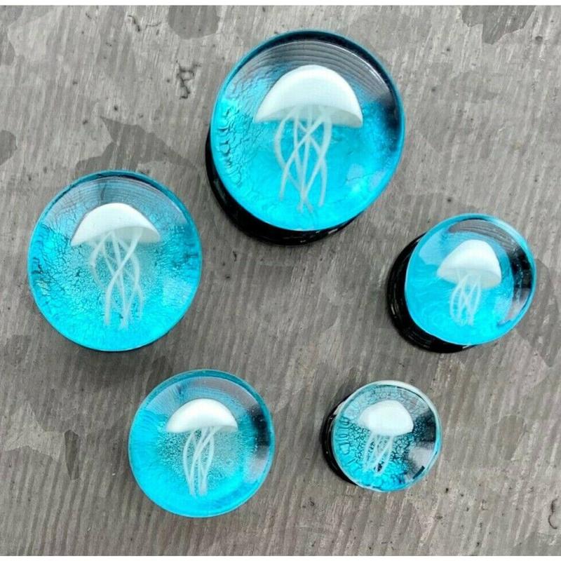 PAIR of Stunning Floating Jellyfish Design Pyrex Glass Double Flare Plugs -Gauges 0g (8mm) through 1