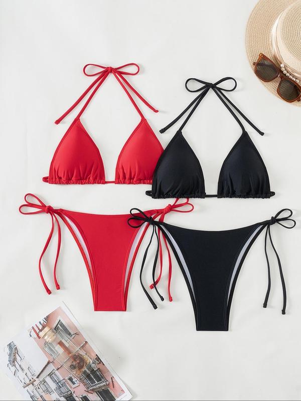 Two-Piece Set Solid Color Bikini Set, Halter Neck Backless Triangle Swim Bra & Tie Side Swim Thong, Ladies Swimwear for Summer Beach Holiday Vacation