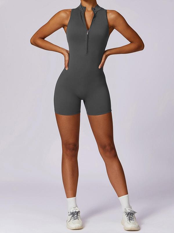 Sporty Women's Plain Cut Out Ruched Mock Neck Sports Romper, Sporty Sleeveless Half Zipper Bodycon Romper for Yoga Gym Workout, Ladies Summer Sportswear