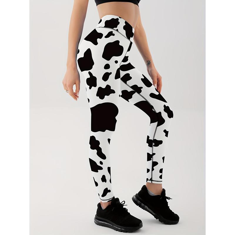 Fashion Cow Print High Waist Yoga Leggings, Slim Fit Workout Gym Sports Pants, Women's Activewear