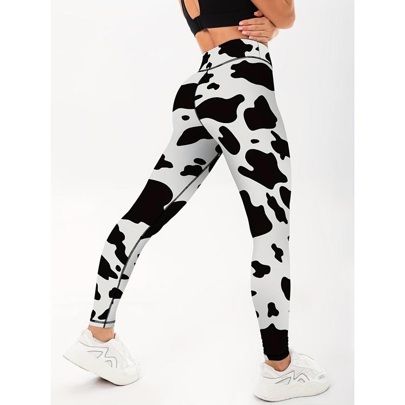 Fashion Cow Print High Waist Yoga Leggings, Slim Fit Workout Gym Sports Pants, Women's Activewear