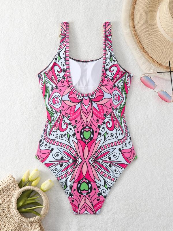 Women's Ethnic Pattern Chain Decor Backless Swimsuit, Boho Sleeveless Swimwear for Beach Holiday Vacation, Swimsuit for Women, Ladies Bathing Suits 2024, Tummy Control Swimwear for Women