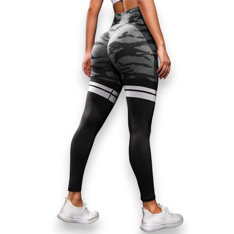 Women's Striped Camo Ruched Print Seamless Scrunch Waist Yoga Leggings, V-Waist Butt Lifting, Solid High Waist Tummy Control Compression Pants, Indoor & Outdoor Fitness Sportswear