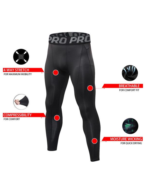 Sporty Men's 3pcs Letter Tape Waist Sports Leggings, Sport Compression Tight Joggers for Gym Workout Running Jogging, Men's Sport Clothing for All Seasons