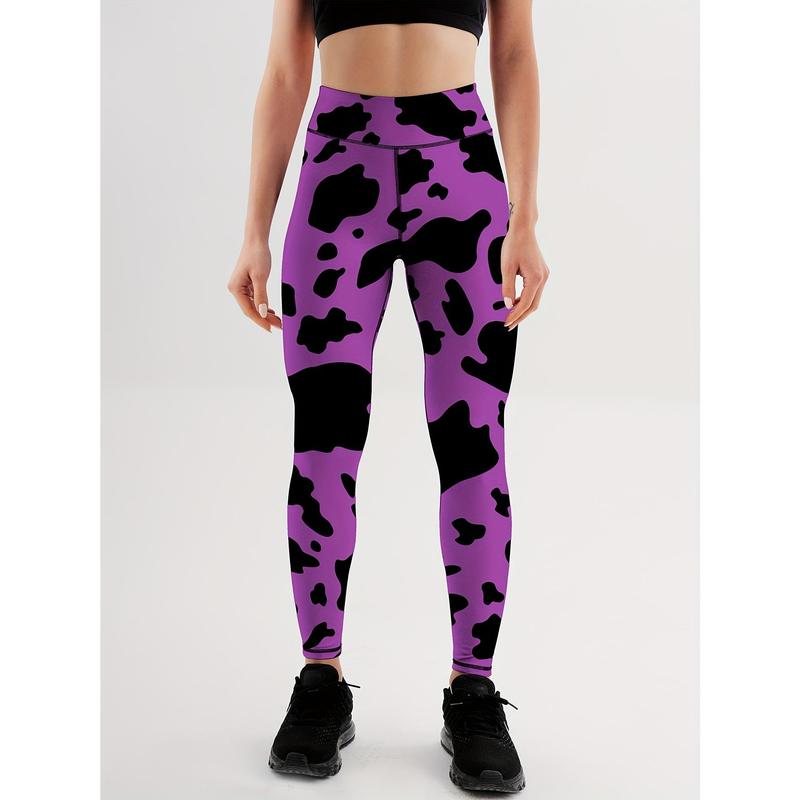 Fashion Cow Print High Waist Yoga Leggings, Slim Fit Workout Gym Sports Pants, Women's Activewear