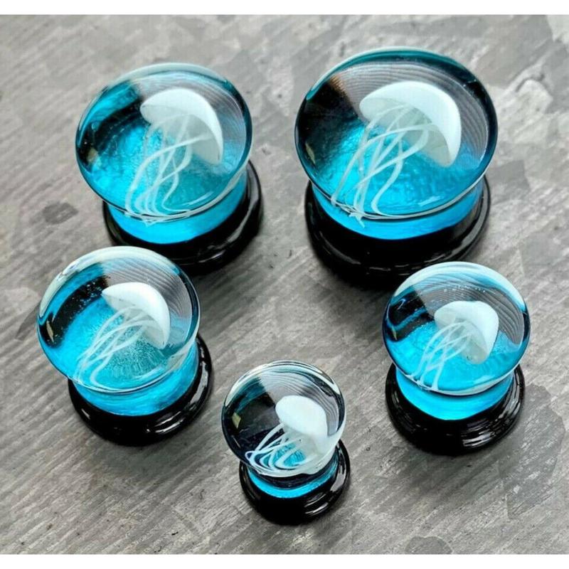 PAIR of Stunning Floating Jellyfish Design Pyrex Glass Double Flare Plugs -Gauges 0g (8mm) through 1