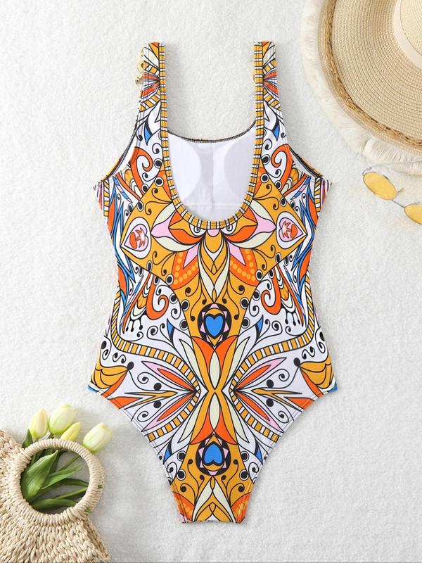 Women's Ethnic Pattern Chain Decor Backless Swimsuit, Boho Sleeveless Swimwear for Beach Holiday Vacation, Swimsuit for Women, Ladies Bathing Suits 2024, Tummy Control Swimwear for Women