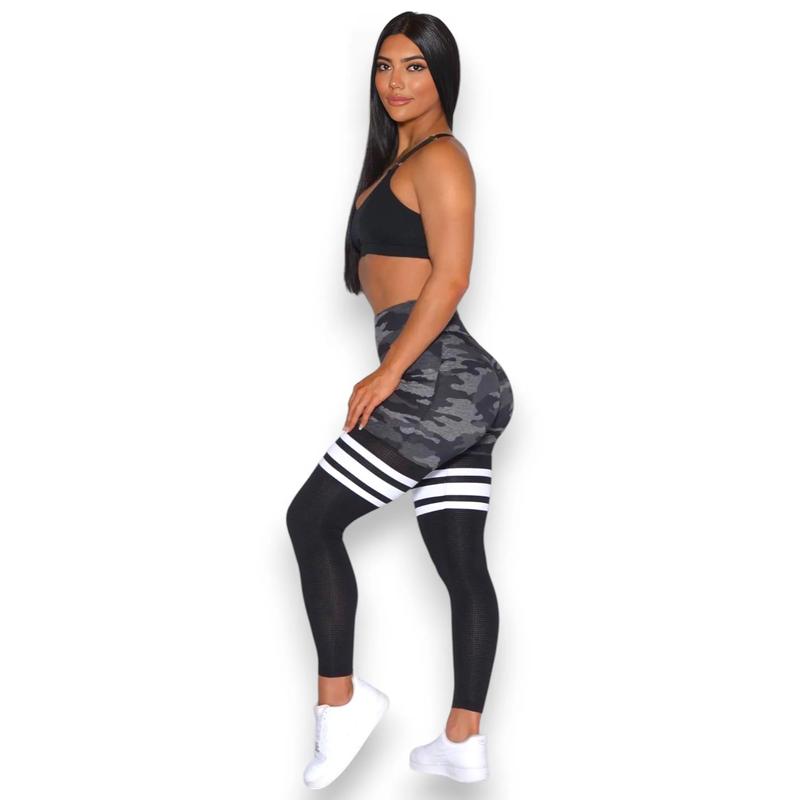 Women's Striped Camo Ruched Print Seamless Scrunch Waist Yoga Leggings, V-Waist Butt Lifting, Solid High Waist Tummy Control Compression Pants, Indoor & Outdoor Fitness Sportswear