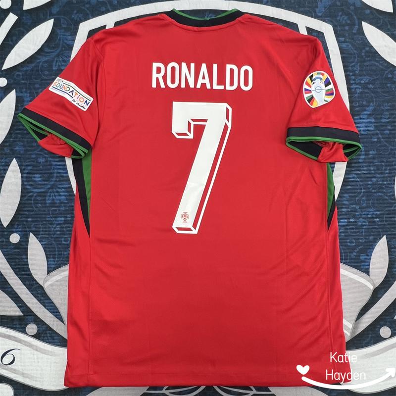 Euro 2024 Portugal Home Ronaldo NO.7 Red Short Sleeve Football Jersey Blue Aawa Jersey