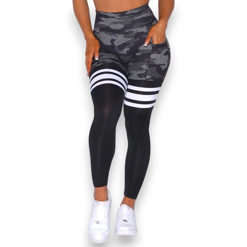 Women's Striped Camo Ruched Print Seamless Scrunch Waist Yoga Leggings, V-Waist Butt Lifting, Solid High Waist Tummy Control Compression Pants, Indoor & Outdoor Fitness Sportswear