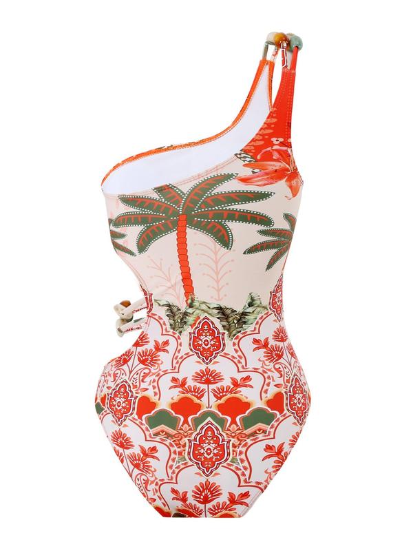 Two-Piece Set Women's Tropical Floral & Leaf Print Beaded Swimsuit, One Shoulder Cut Out Swim Bodysuit & Knot Front Wrap Cover Up Skirt, Ladies Summer Swimwear for Beach Holiday Vacation