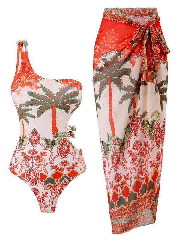 Two-Piece Set Women's Tropical Floral & Leaf Print Beaded Swimsuit, One Shoulder Cut Out Swim Bodysuit & Knot Front Wrap Cover Up Skirt, Ladies Summer Swimwear for Beach Holiday Vacation