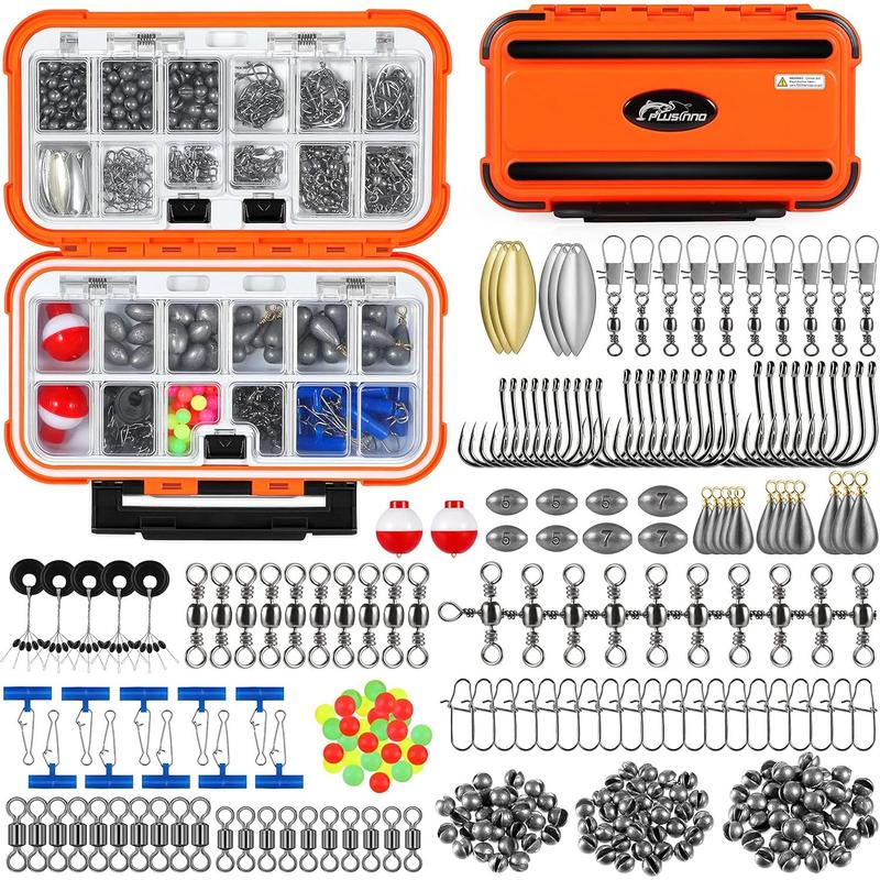 PLUSIO 253pcs Fishing Accessories Kit, Fishing Tackle Box with Tackle Included, Fishing Hooks, Fishing Weights Sinkers, Spinner Blade, Fishing Gear for Bass, Bluegill, Crappie, Fishing