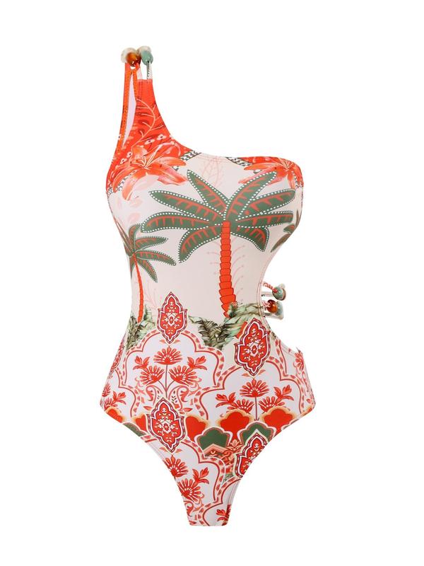 Two-Piece Set Women's Tropical Floral & Leaf Print Beaded Swimsuit, One Shoulder Cut Out Swim Bodysuit & Knot Front Wrap Cover Up Skirt, Ladies Summer Swimwear for Beach Holiday Vacation