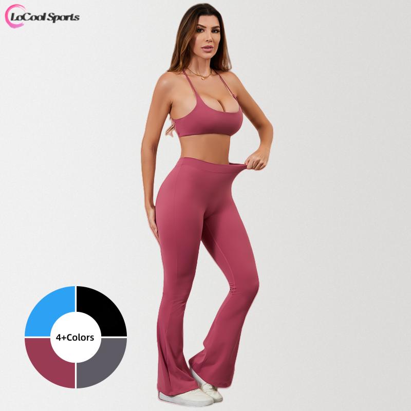 2-Piece High-Waisted Flare Leggings and Cross-Back Sports Bra Set for Women - High Elasticity, Tummy Control, Peach-Lift Design, Perfect for Yoga, Pilates, and Gym