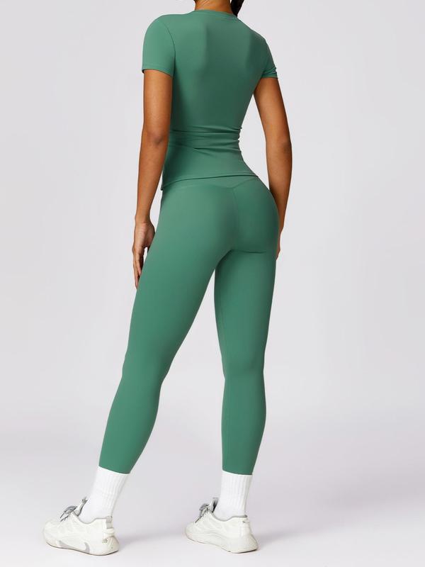 Two-piece Set Women's Solid Round Neck Tee & High Waist Leggings Tracksuit Set, Breathable Comfortable Sports Top & Skinny Pants for Yoga Gym Workout Running, Ladies Sportswear for All Seasons, Fall Clothes 2024