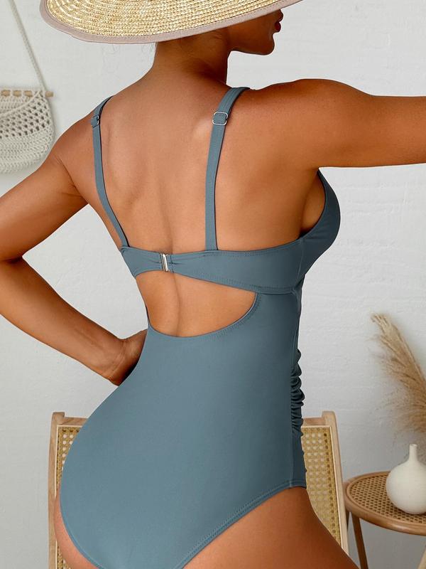 Women's Plain Cut Out Ruched Twist One-piece Swimsuit, Casual V Neck Sleeveless Swimwear for Beach Holiday Vacation, Ladies Swimsuit for All Seasons