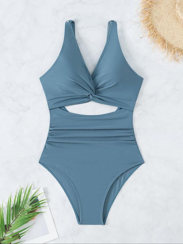 Women's Plain Cut Out Ruched Twist One-piece Swimsuit, Casual V Neck Sleeveless Swimwear for Beach Holiday Vacation, Ladies Swimsuit for All Seasons